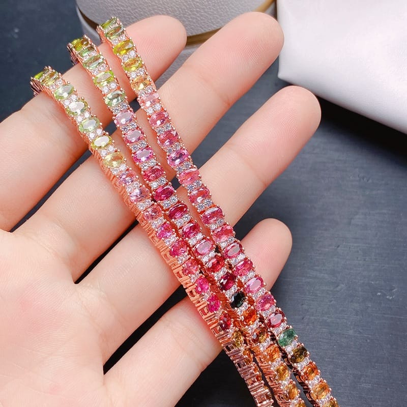 Full inlaid 925 silver inlaid natural tourmaline bracelet color fresh gradient color over detection live supply