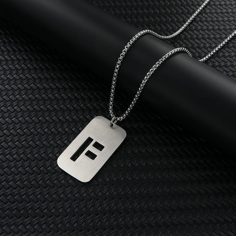 Alphabet Hollow Necklace Men's Trendy Hip-Hop Woolen Chain Accessories Rectangular Gloss Military Brand Pendant Women's Stainless Steel Pendant