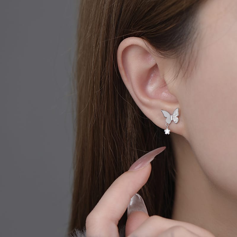 Po S999 Foot Silver Exquisite Butterfly Zircon Flower Earrings Women's Light Luxury High-end Design Sense Elegant Earrings for Hair