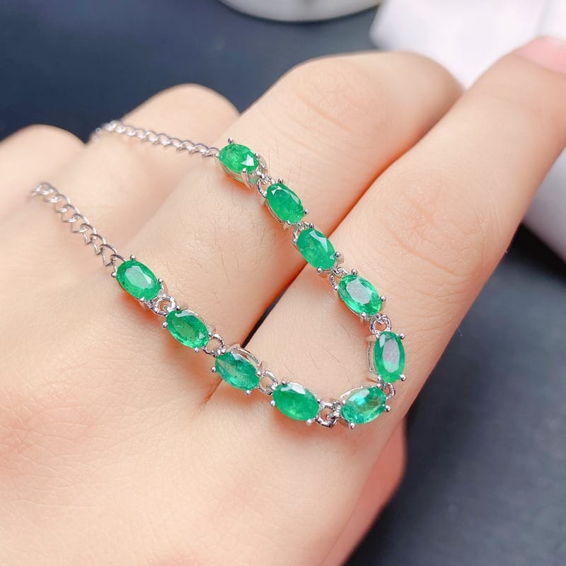 Jewelry live supply 925 silver inlaid natural emerald bracelet simple style tested wholesale