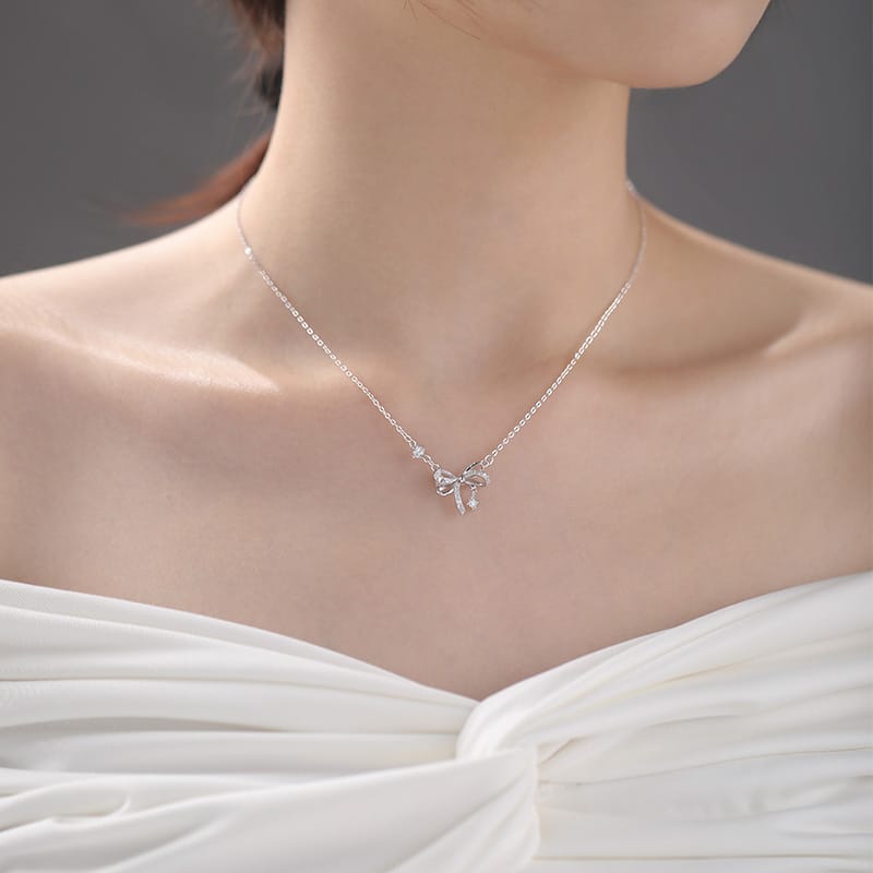 Po S999 Silver Bow Necklace Girl's Heart Princess Cute Sweet Niche Design Clavicle Chain for Hair