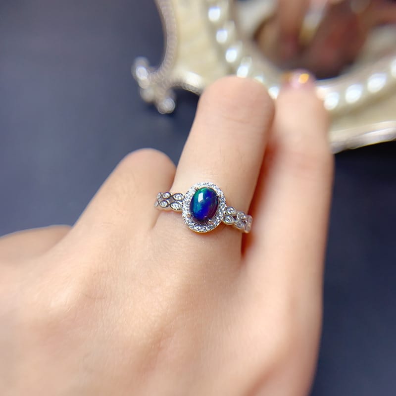 European and American design natural black opal ring wholesale 5*7mm fire color good manufacturing 925 silver live mouth ring