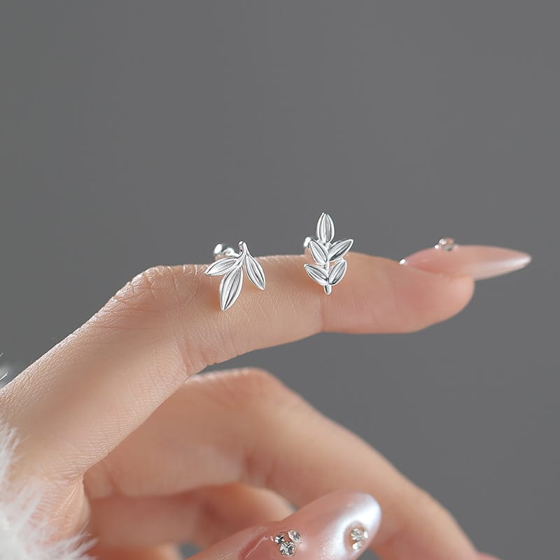 Po S999 Foot Silver Asymmetric Leaf Earrings Fresh Mori Style Niche Exquisite Raising Ear Holes Han Feng Earrings for Hair