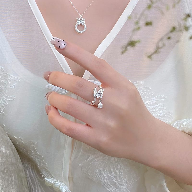 Po S999 Silver Butterfly Ring Fresh and Sweet Niche Elegant All-match Exquisite Bracelet Hair