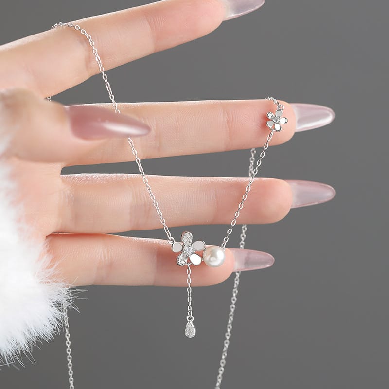 Original Po S999 Foot Silver Flower Shadow Pearlescent Series suit Matching Korean Style Personality All-match Clavicle Chain for Hair