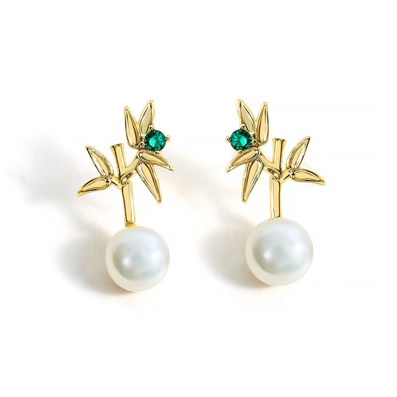 Natural Freshwater Pearl Earrings Elegant Light Luxury Bamboo Report Ping Leaf Earrings Niche Design New Earrings