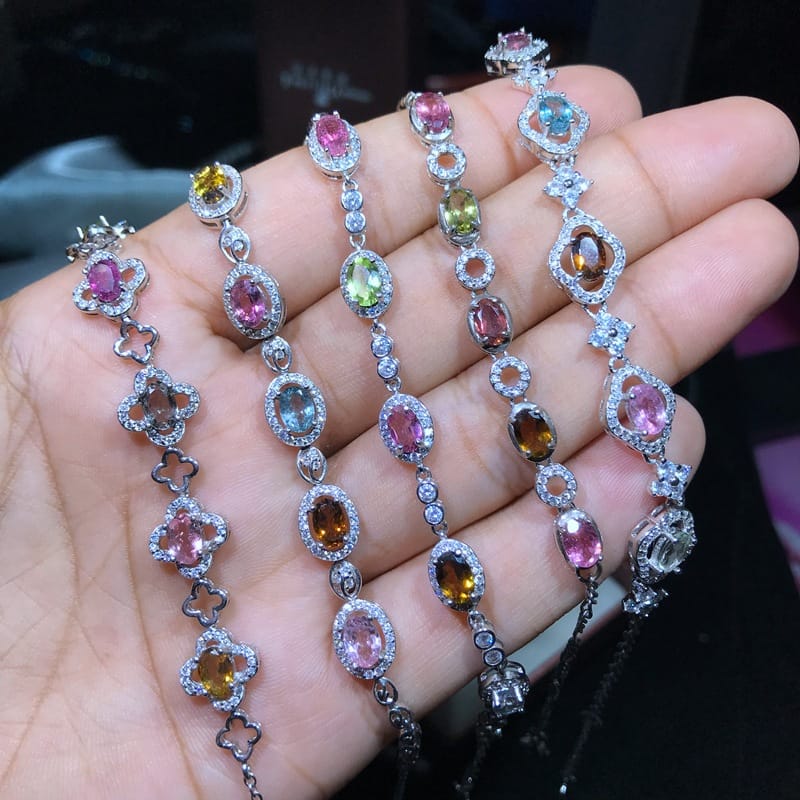 Bracelet 925 Silver Inlaid Natural Tourmaline Bracelet Grain Candy Color