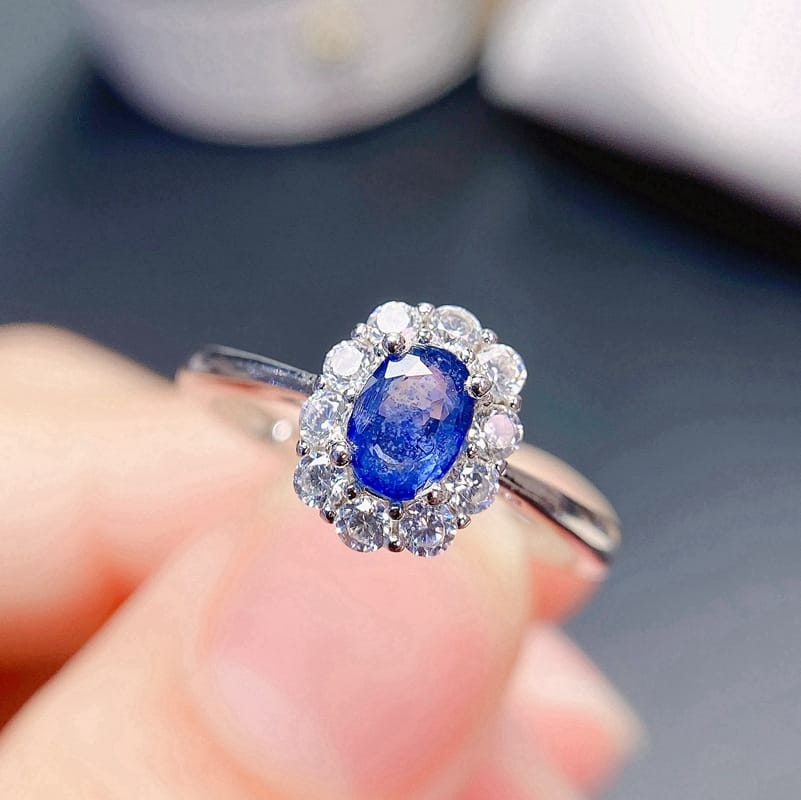 Classic natural sapphire ring female ring 925 silver open mouth 6 * 4mm open mouth beauty ring TikTok exclusive