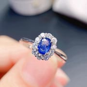 Classic natural sapphire ring female ring 925 silver open mouth 6 * 4mm open mouth beauty ring TikTok exclusive