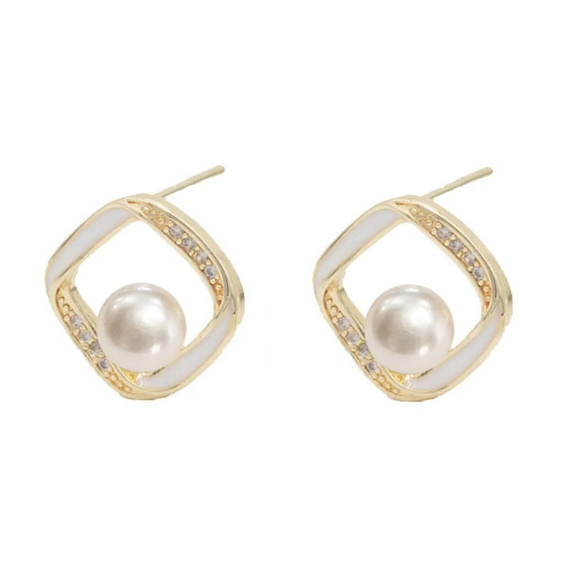 S925 Silver Needle Micro-inlaid Zircon Earrings Classic Geometric Diamond Freshwater Pearl Earrings Small Simple Internet Celebrant Earrings