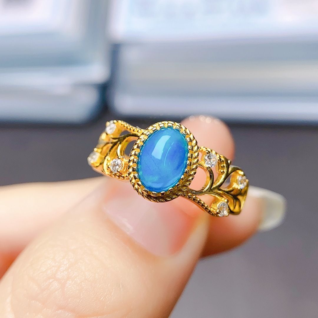 Factory wholesale explosions natural blue opal ring S925 silver inlaid main stone 5*7 selling Europe and the United States a generation of hair