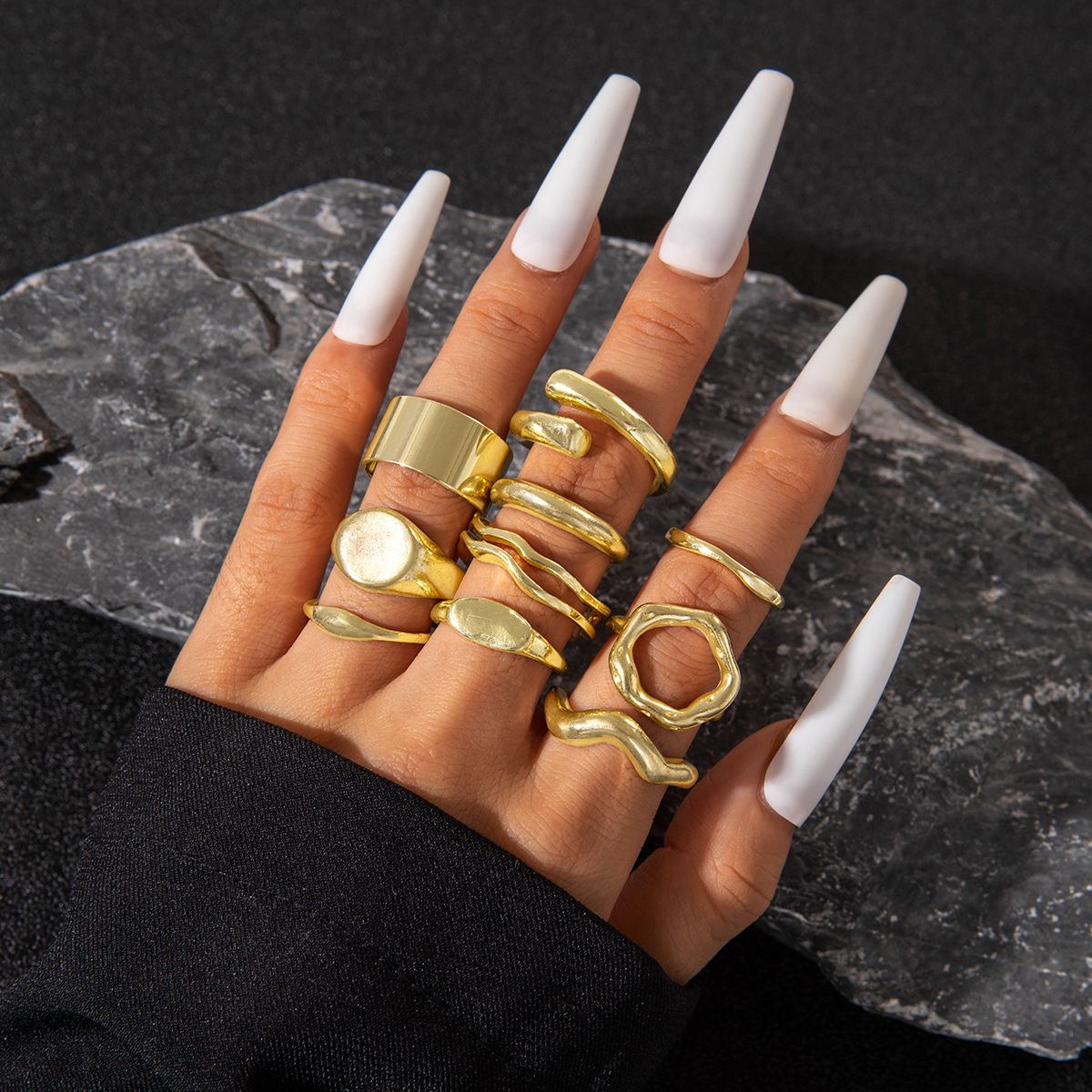 Europe and the United States cross-border geometric metal wind lava line ring four-piece irregular smooth opening ring suit
