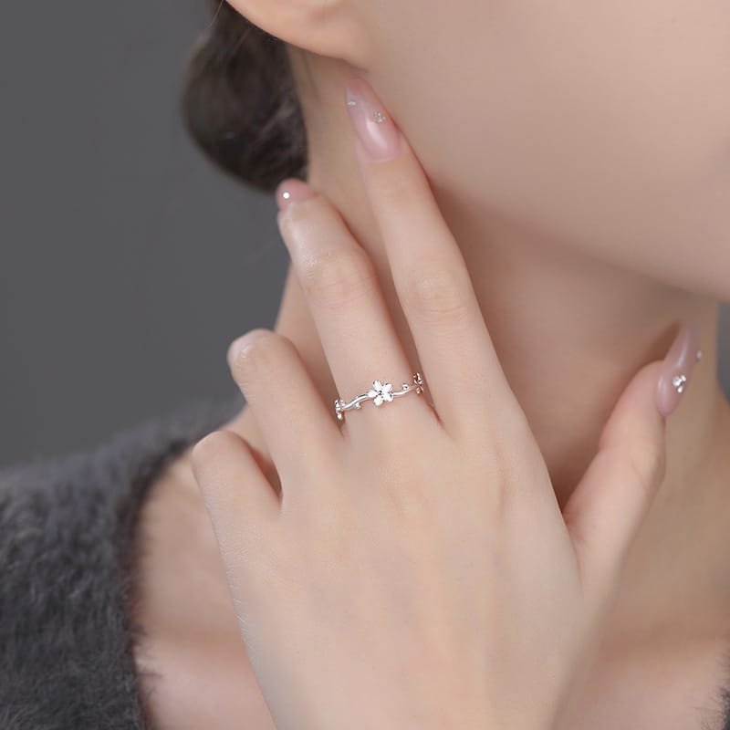 Po S999 Silver Flower Ring Ins Style Sweet Temperament Fresh Adjustable Mori Style Elegant Handset