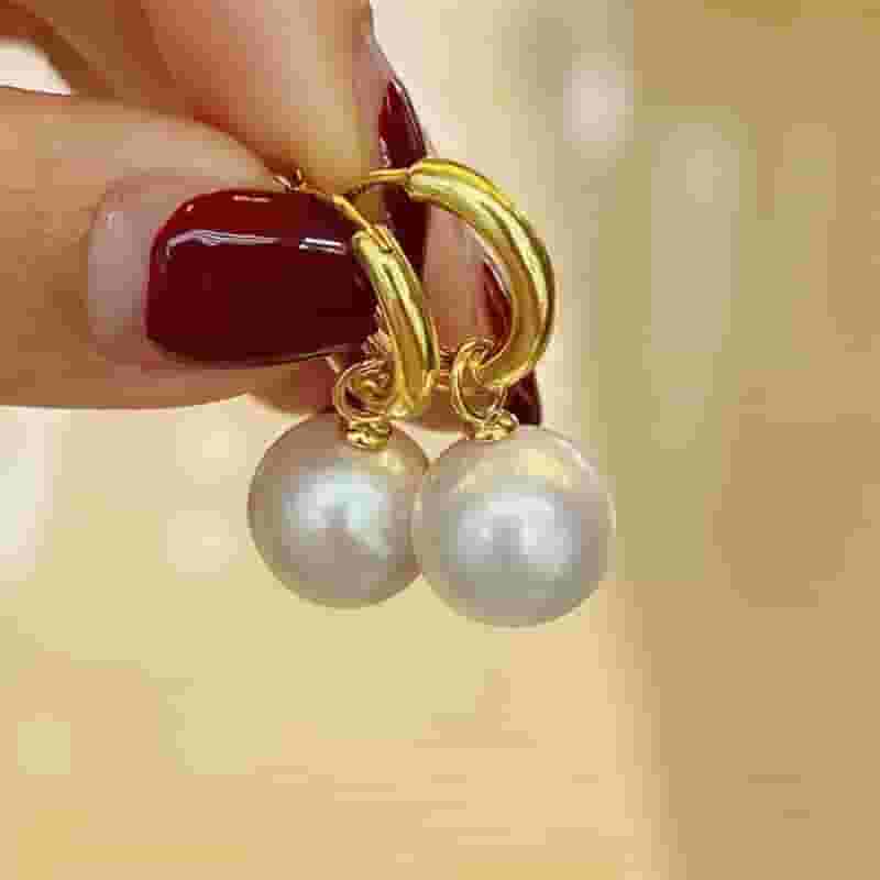 Freshwater pearl earrings 10-11mmm large point round high-gloss pearl earrings niche high-end earrings