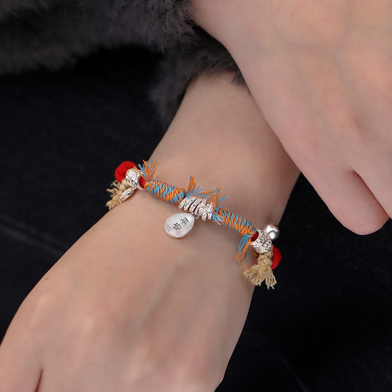 Po S999 Foot Silver New Chinese Style Ping An Joy Fortune Hand Rope Women's National Style All-match Temperament Wided Rope Handpiece for Hair
