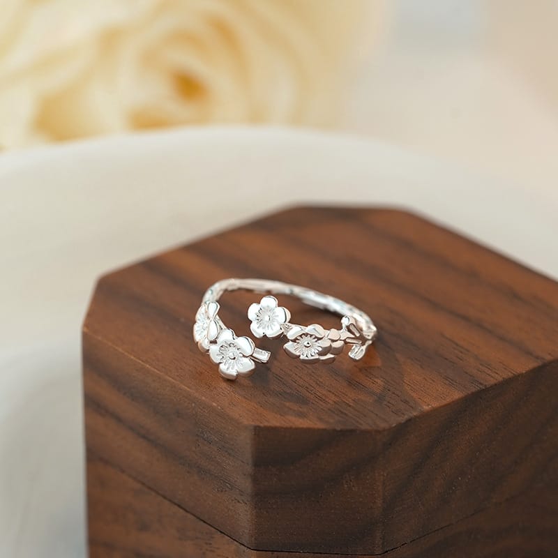 S999 Silver Small Fresh Flower Ring Women's Ethnic Style High-end Light Luxury Adjustable Ring 