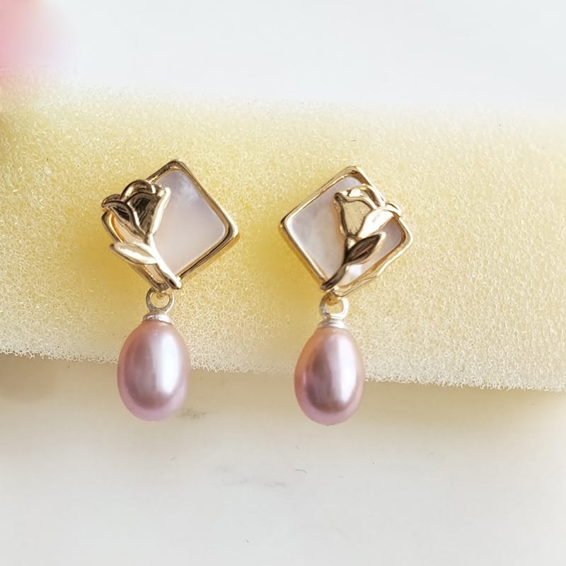 S925 Silver Needle Natural Pearl Geometric Earrings Light Luxury High-end White Shell Rose Pearl Earrings New Style