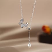 Po S999 Silver Autumn and Winter Explosions Butterfly Pearl Necklace Temperament Sweet Fresh Niche Sweater Chain for Hair