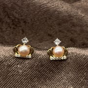 Crown zircon freshwater pearl earrings Korean feminine light luxury niche high-end earrings earrings source manufacturers