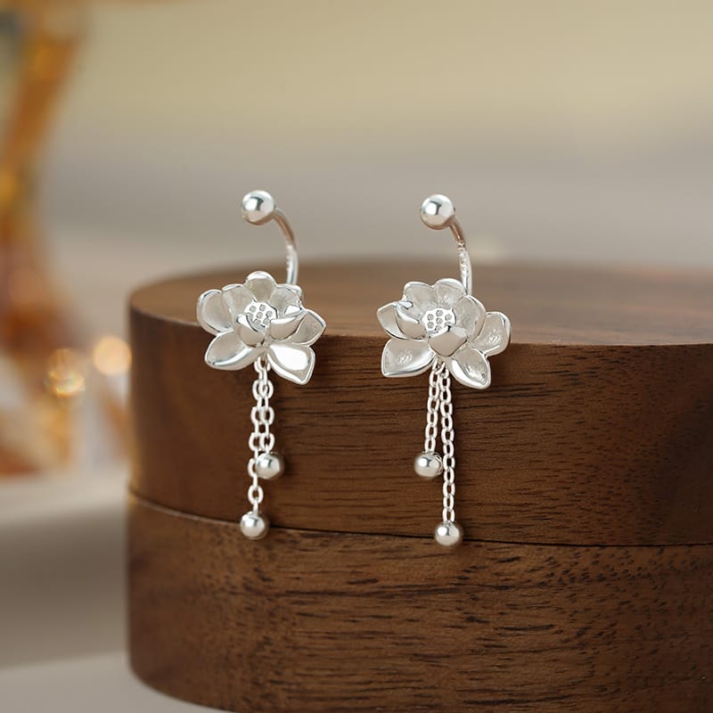 S999 Silver Lotus Tassel Screw Earrings Retro Women's Light Luxury New Chinese Design Exquisite Earrings 