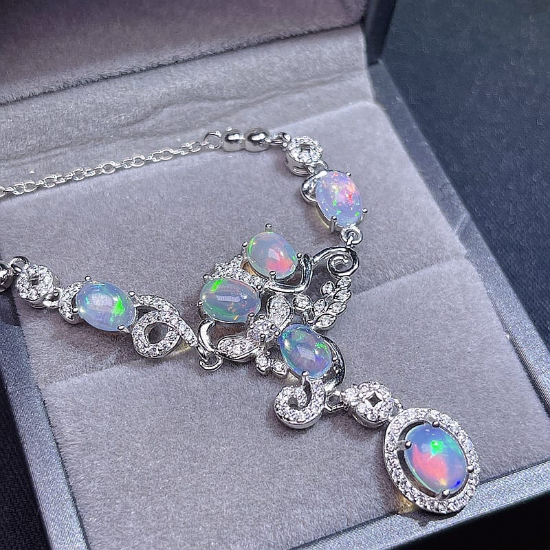 Australian magic opal chain row 925 silver inlay dazzle natural fire opal clavicle chain wholesale fire beauty