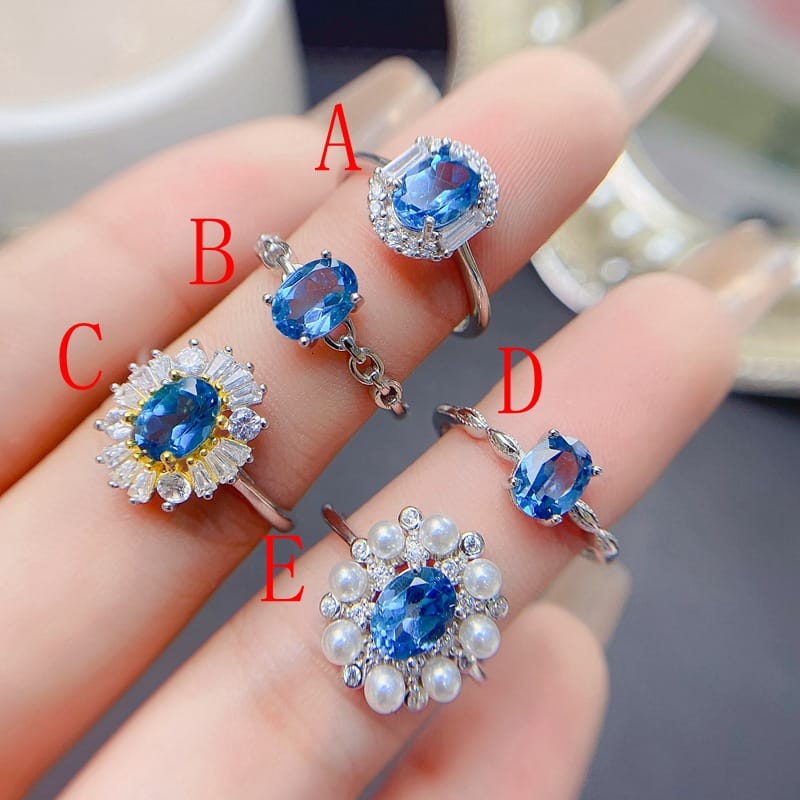  925 silver natural Swiss Blue Topaz female ring 5*7mm 