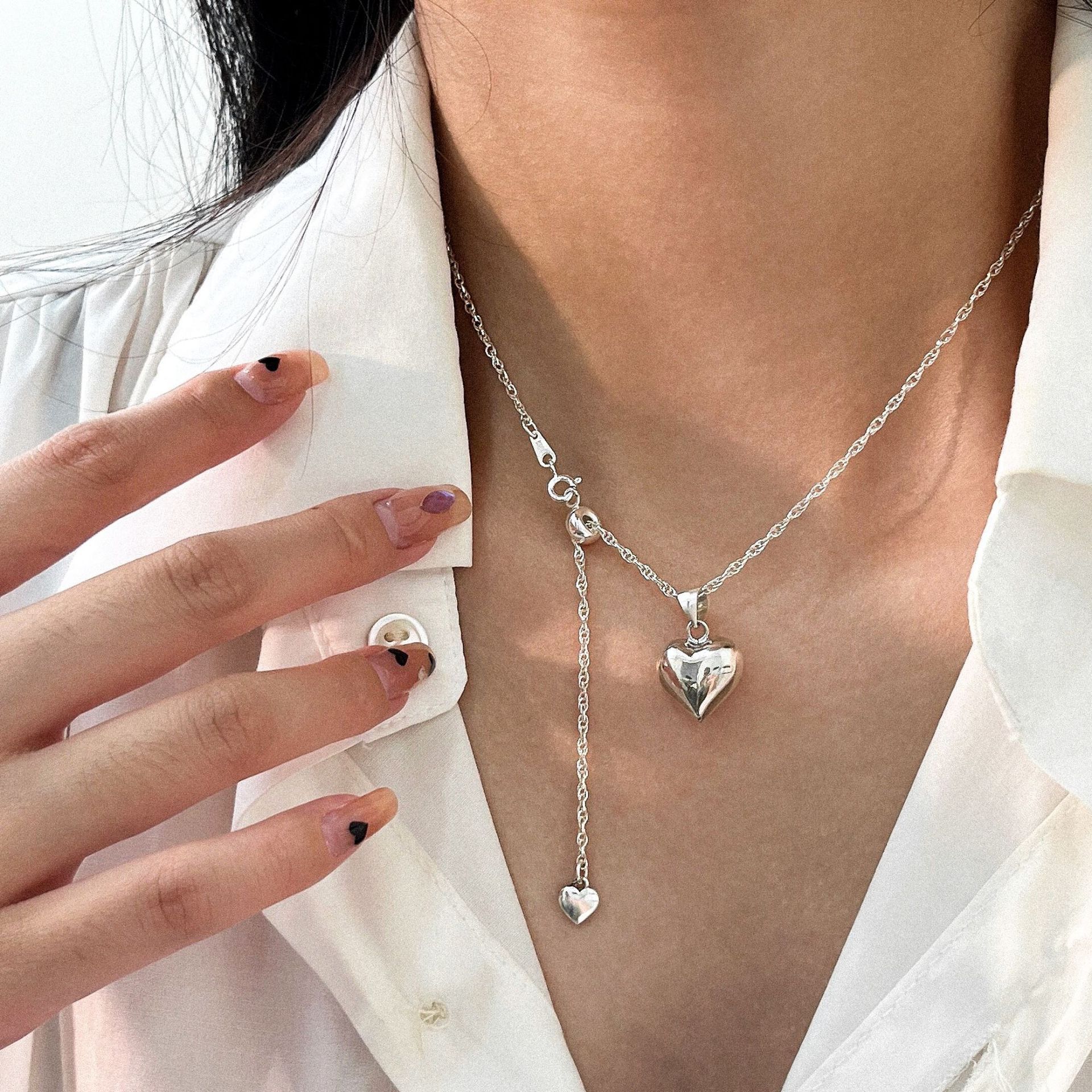 European and American Cross-border S925 Sterling Silver Love Chain Necklace Women's High-end Fashionable All-match Heart-shaped First Jewelry