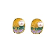 Natural Freshwater Pearl Earrings Painted Oil Painting Lavender Wheat Ears Unique Retro Temperament High-class Niche Earrings