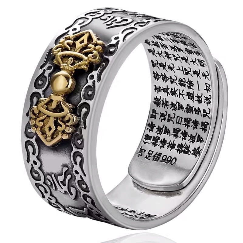 Seven Shang Explosions Guofeng Pixiu Ring Six-character Mantra Men's Thai Silver Retro Heart sutra Single Aggressive Trendy Ring