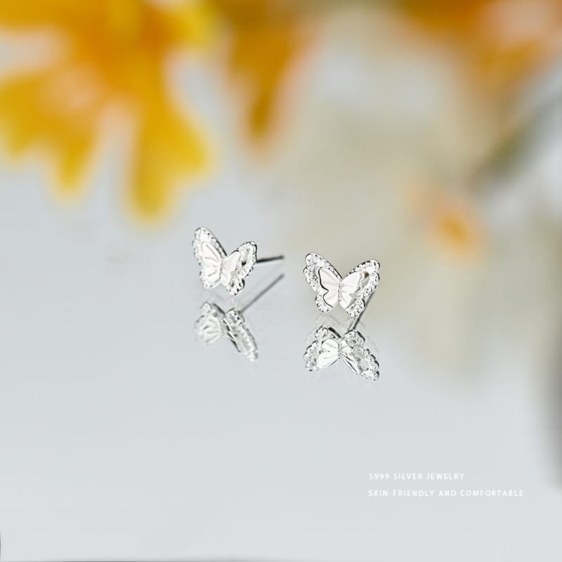 Aobao S999 pure silver exquisite fashion light luxury butterfly stud earrings versatile commuter niche design sense ear piercing earrings