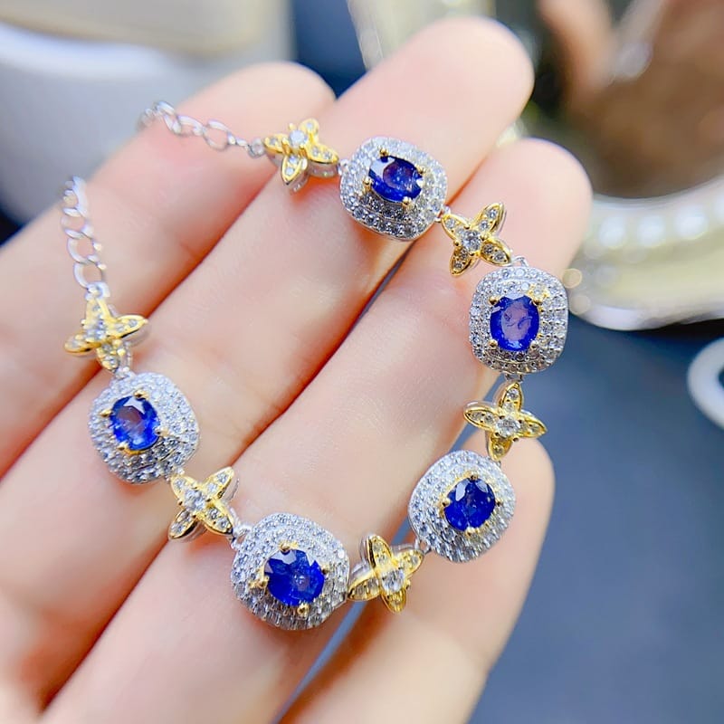 Fashion New Simple Two-color Japanese Light Luxury DIY Inspection Natural Sapphire Bracelet 925 Silver Live Supply