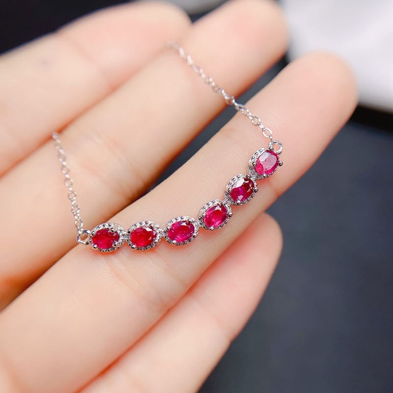 Fashion natural New burnt Ruby evening gift 925 silver inlaid ruby with Row Women's clavicle necklace wholesale