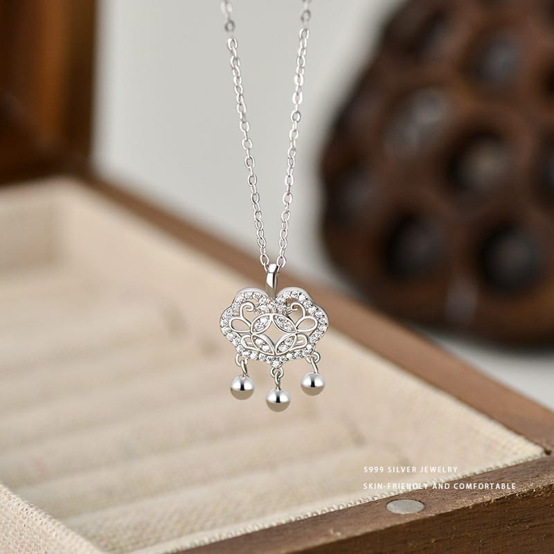 Bao S999 pure silver copper coin safety lock necklace light luxury high-grade sense National style necklace exquisite temperament clavicle chain for women