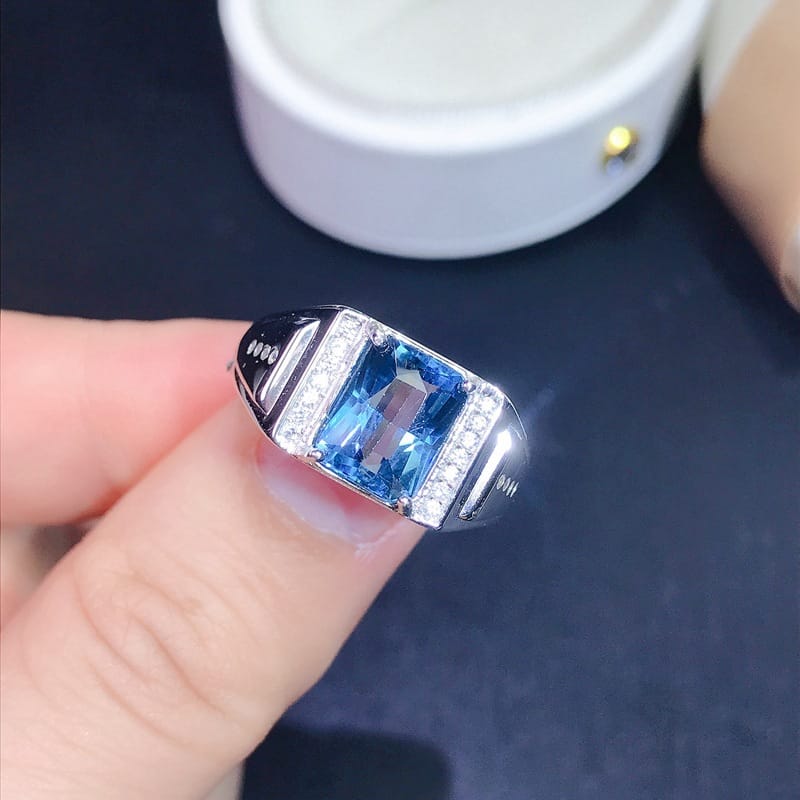 Live Men's Ring Douyin Supply Natural London Blue Topaz 925 Silver Men's Ring Live Supply Wholesale