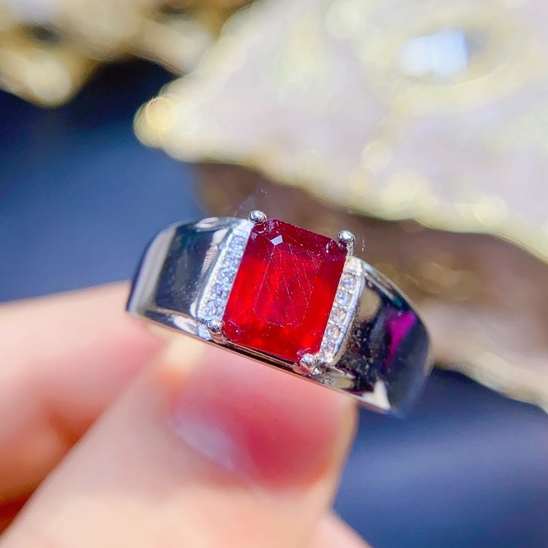 Natural New burnt Ruby male ring small octagonal 6 * 8mm 925 silver ring open mouth wholesale TikTok supply