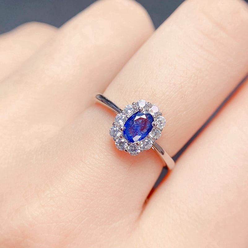 Classic natural sapphire ring female ring 925 silver open mouth 6 * 4mm open mouth beauty ring TikTok exclusive