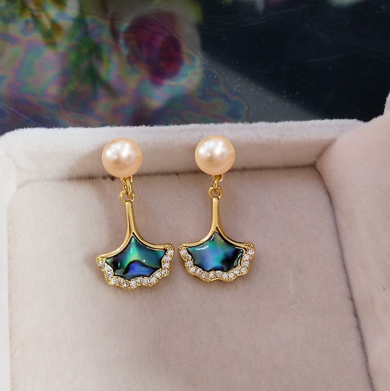 Natural Freshwater Pearl Earrings Ginkgo Leaf Colorful Mother-in-shell Earrings Light Luxury Fashion High-end Earrings New Earrings