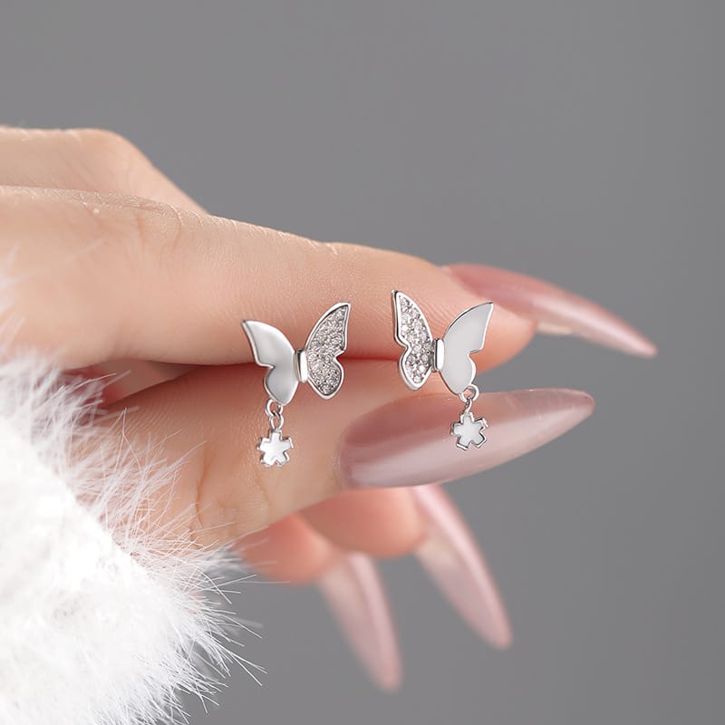 Po S999 Foot Silver Exquisite Butterfly Zircon Flower Earrings Women's Light Luxury High-end Design Sense Elegant Earrings for Hair