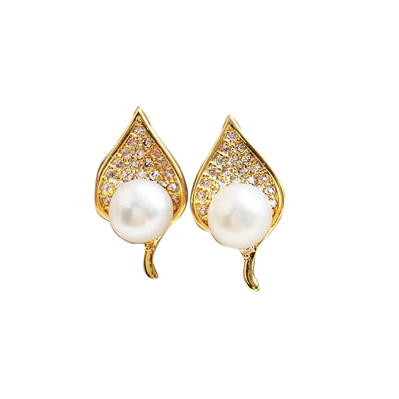 Natural Freshwater Pearl Earrings s925 Silver Needle Zircon One Leaf Pleasant Small and Exquisite Niche Design Earrings New