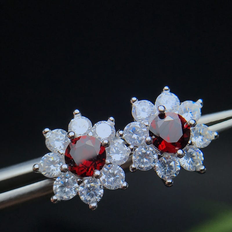 Large 925 Silver Inlaid Garnet Earrings Exaggerated Thick and Heavy Photographed with Silver