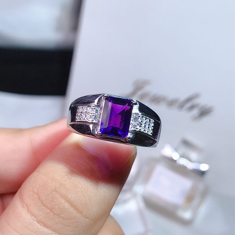 Natural amethyst men's ring wholesale 925 silver live mouth adjustable store dealer goods