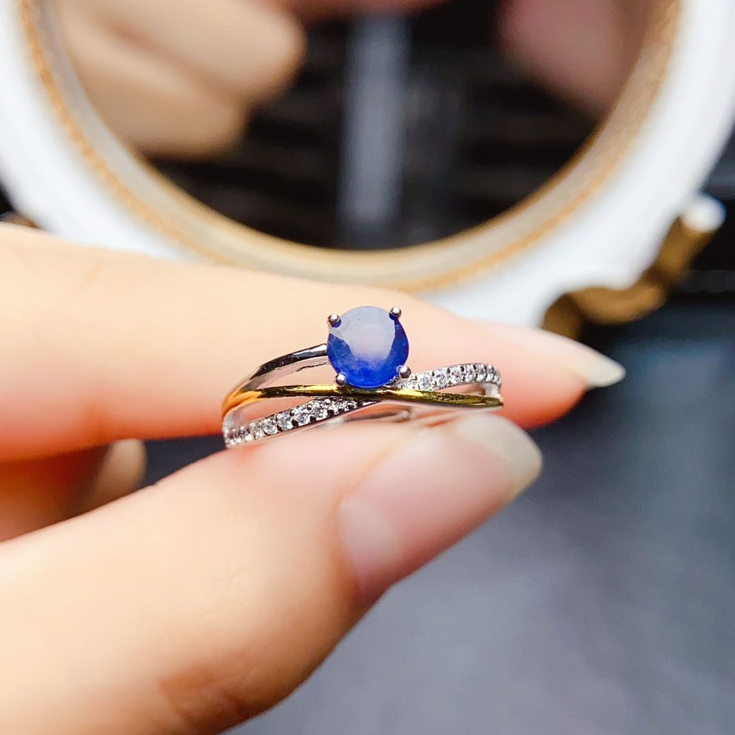 Factory wholesale explosions natural sapphire ring S925 silver inlaid main stone 5*5 selling Europe and the United States a generation of hair