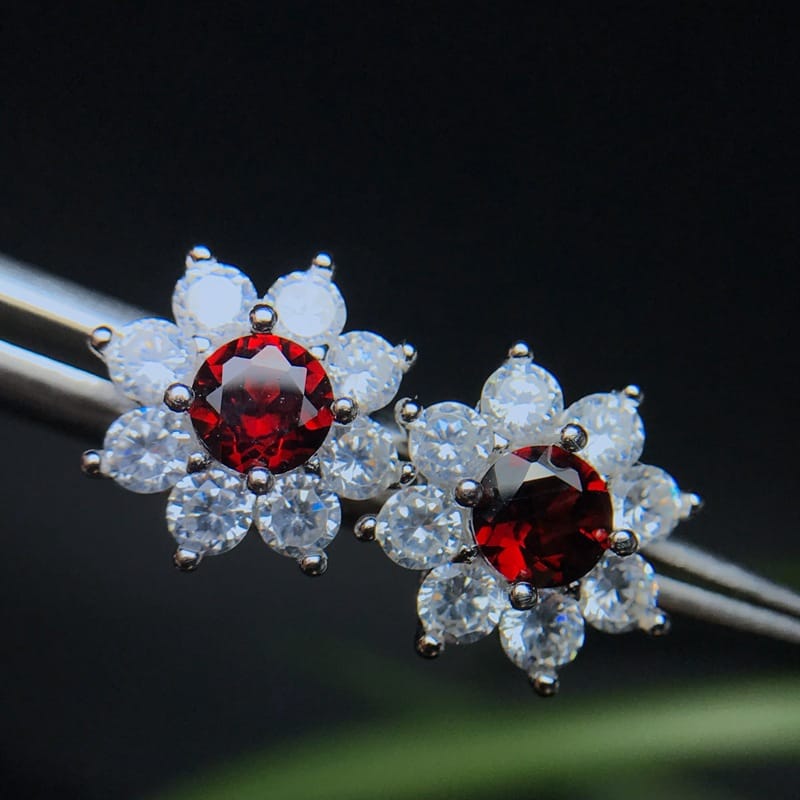 Large 925 Silver Inlaid Garnet Earrings Exaggerated Thick and Heavy Photographed with Silver