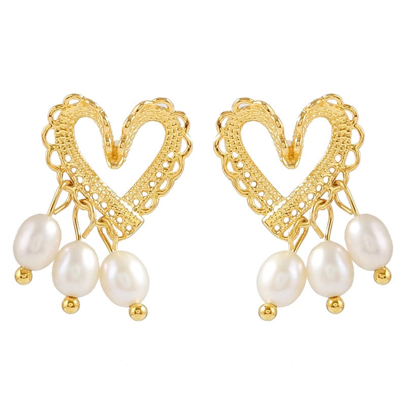 Natural Freshwater Rice-shaped Pearl Earrings Hollow Love Lace Exquisite Court Style Earrings Women's Fashionable Light Luxury Earrings