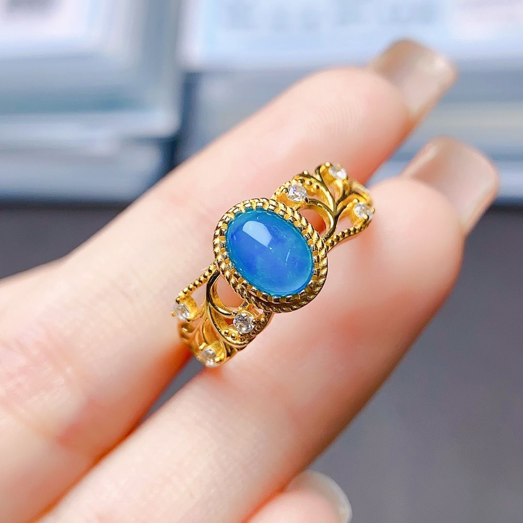 Factory wholesale explosions natural blue opal ring S925 silver inlaid main stone 5*7 selling Europe and the United States a generation of hair