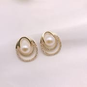 Natural Freshwater Pearl Earrings Three-ring Zircon Earrings Niche Design Fashion Simple Earrings S925 Silver Needle