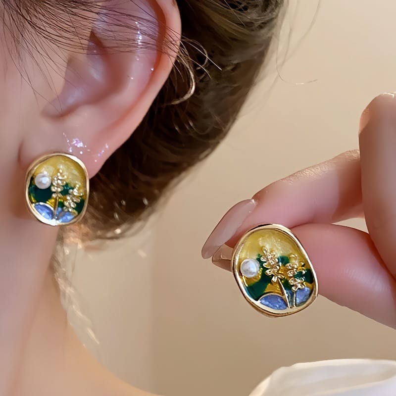 Natural Freshwater Pearl Earrings Painted Oil Painting Lavender Wheat Ears Unique Retro Temperament High-class Niche Earrings