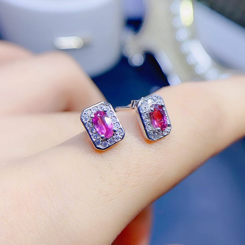 Simple fashion natural powder tourmaline earrings 925 silver tourmaline earrings color good gift a generation of hair