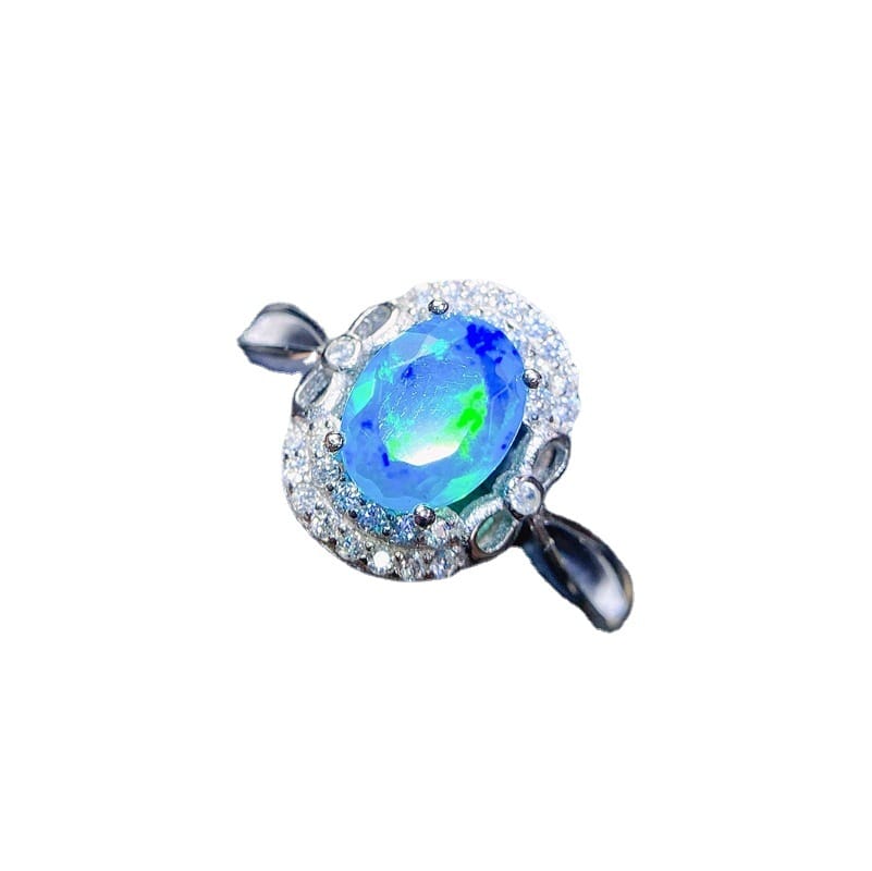 Simple fashion 925 silver inlaid natural full fire blue opal ring live TikTok overseas supply