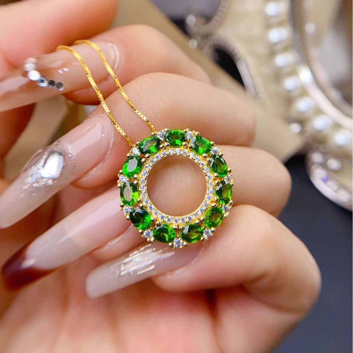 New fashion natural diopside pendant 3*4 Women's pendant necklace 925 silver wholesale Live supply